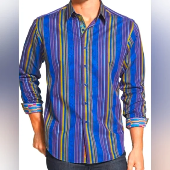 Robert Graham Shirt Blue Yellow Striped Paisley Abstract Flip Cuff Men's Sz L - Picture 1 of 11